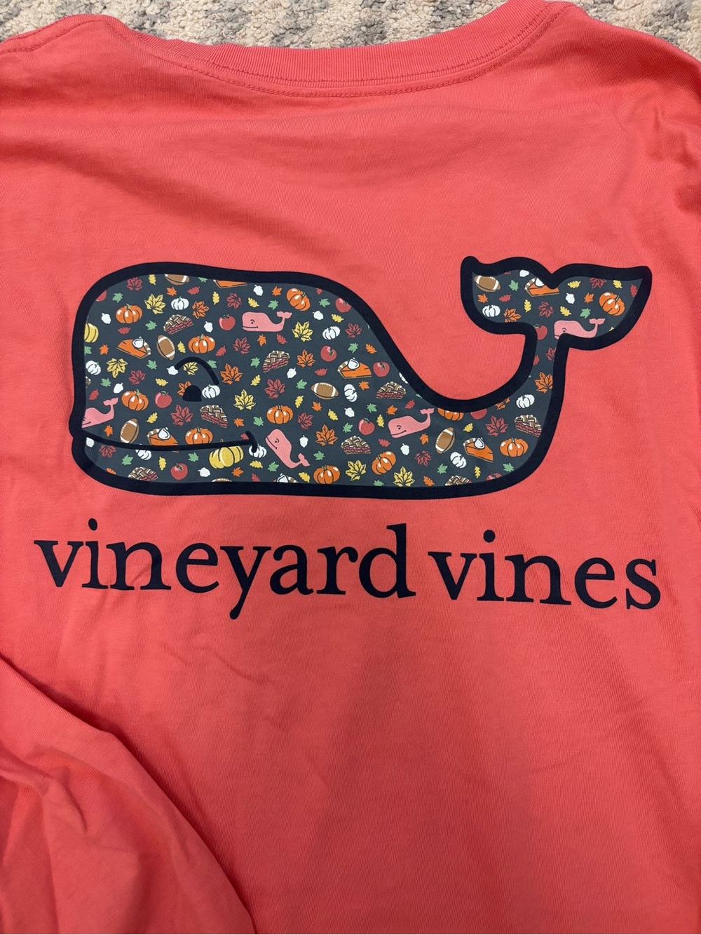 Vineyard Vines Coral Pocket Tee with Navy Fall Whale